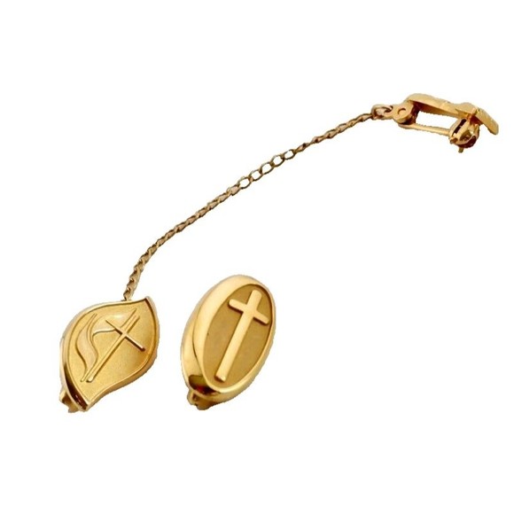 Gold Cross 10K 1/5 Leaf Tie Tack Set of 2 with Gold Tone Cross Leaf with Chain - Picture 1 of 9